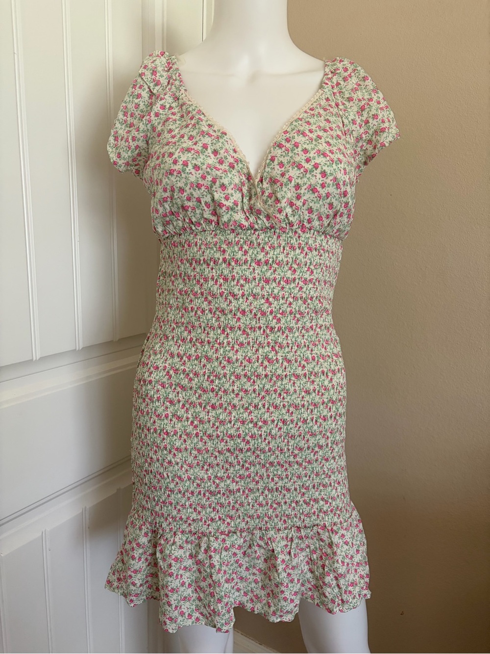 Smocked Floral Ruffle Mini Dress in Cream and Pink